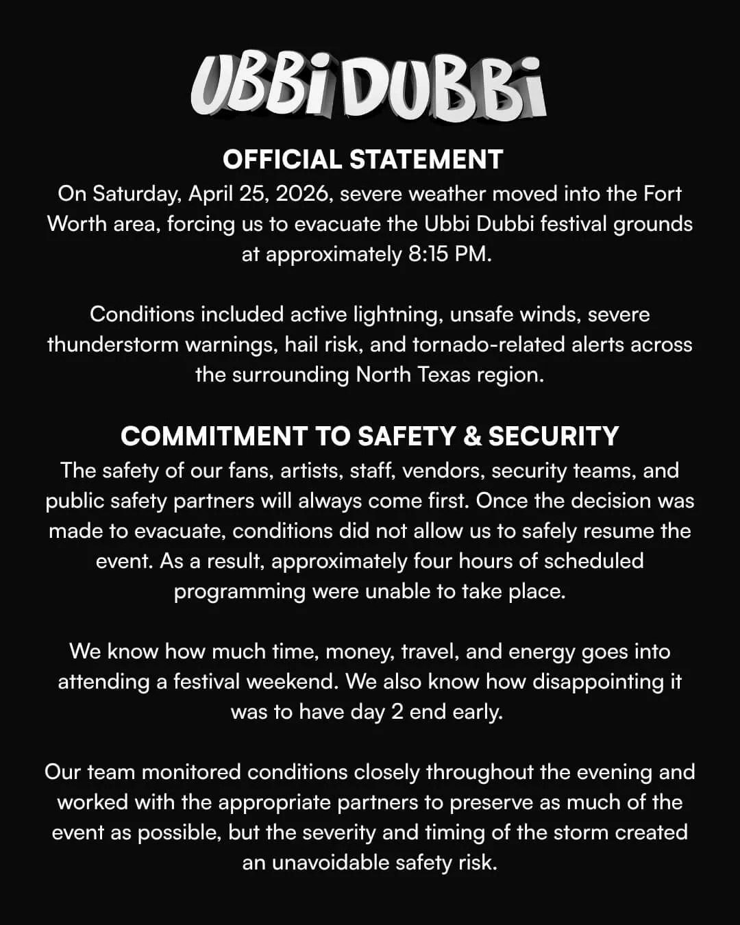 ubbi dubbi 2026 official statement